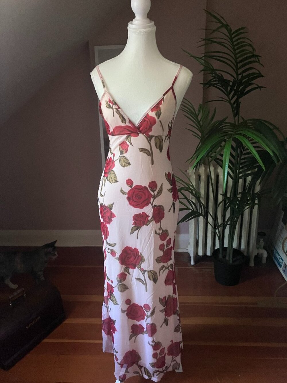 Red & white floral mesh lined maxi dress v neck bodycon slip gown formal evening